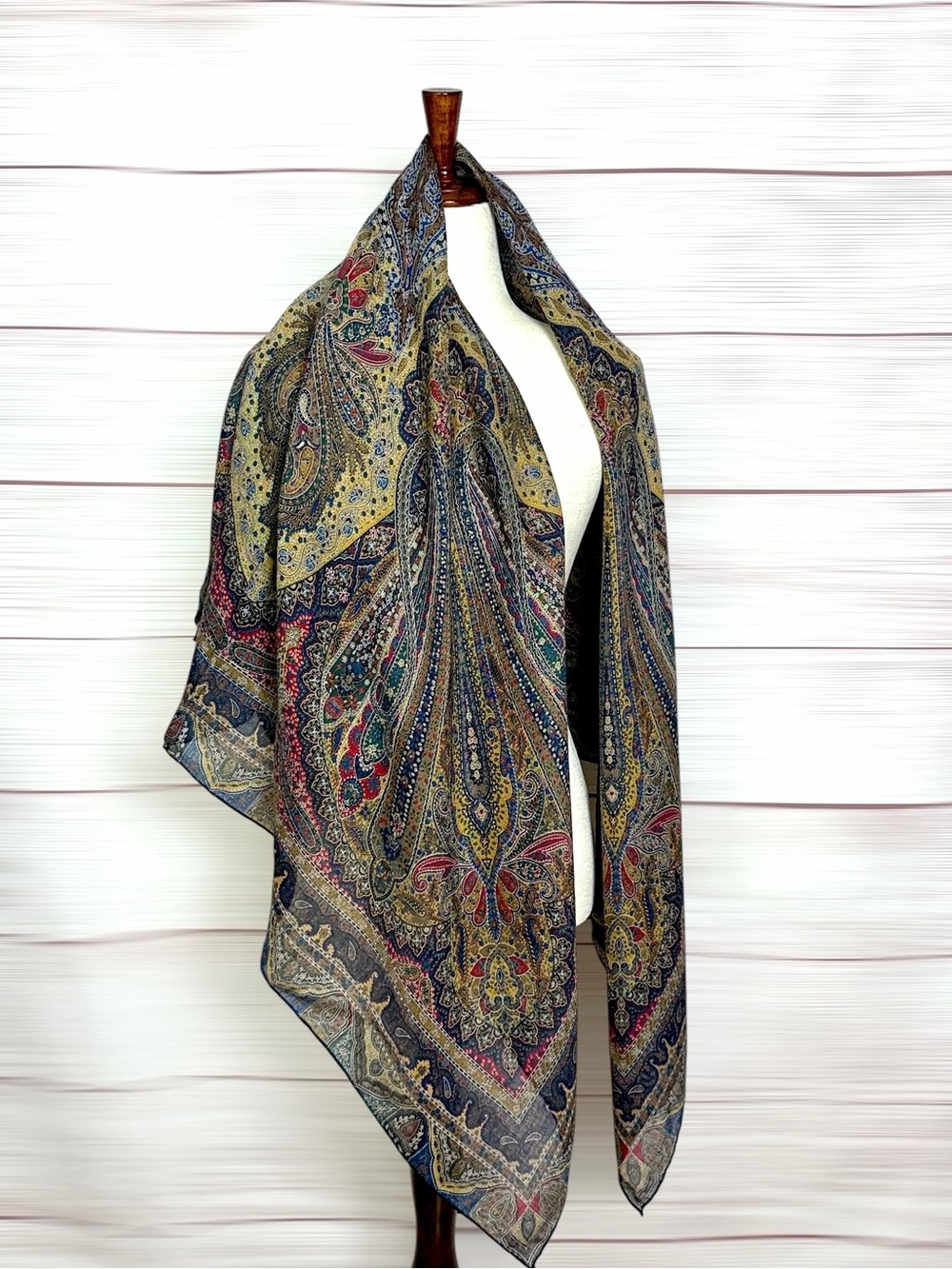 Vintage Large Wool (?) Paisley Shawl Scarf 54” Square Hand Rolled Multicolor